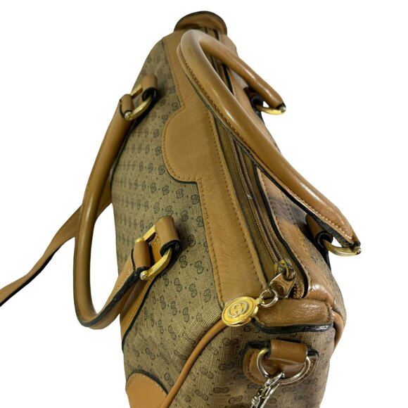 70's GUCCI Beige Canvas Tan Leather Micro GG Monogram Satchel Made in Italy - Picture 11 of 15